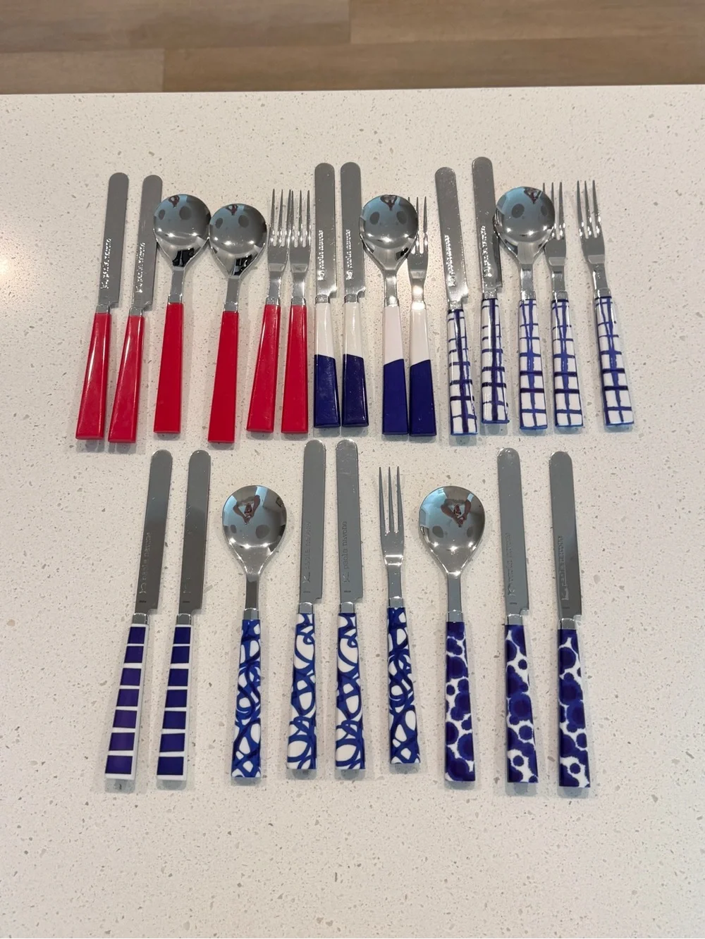 Crate & Barrel Como Paola Navone Flatware Red Blue Handles Stainless Steel 24 pc